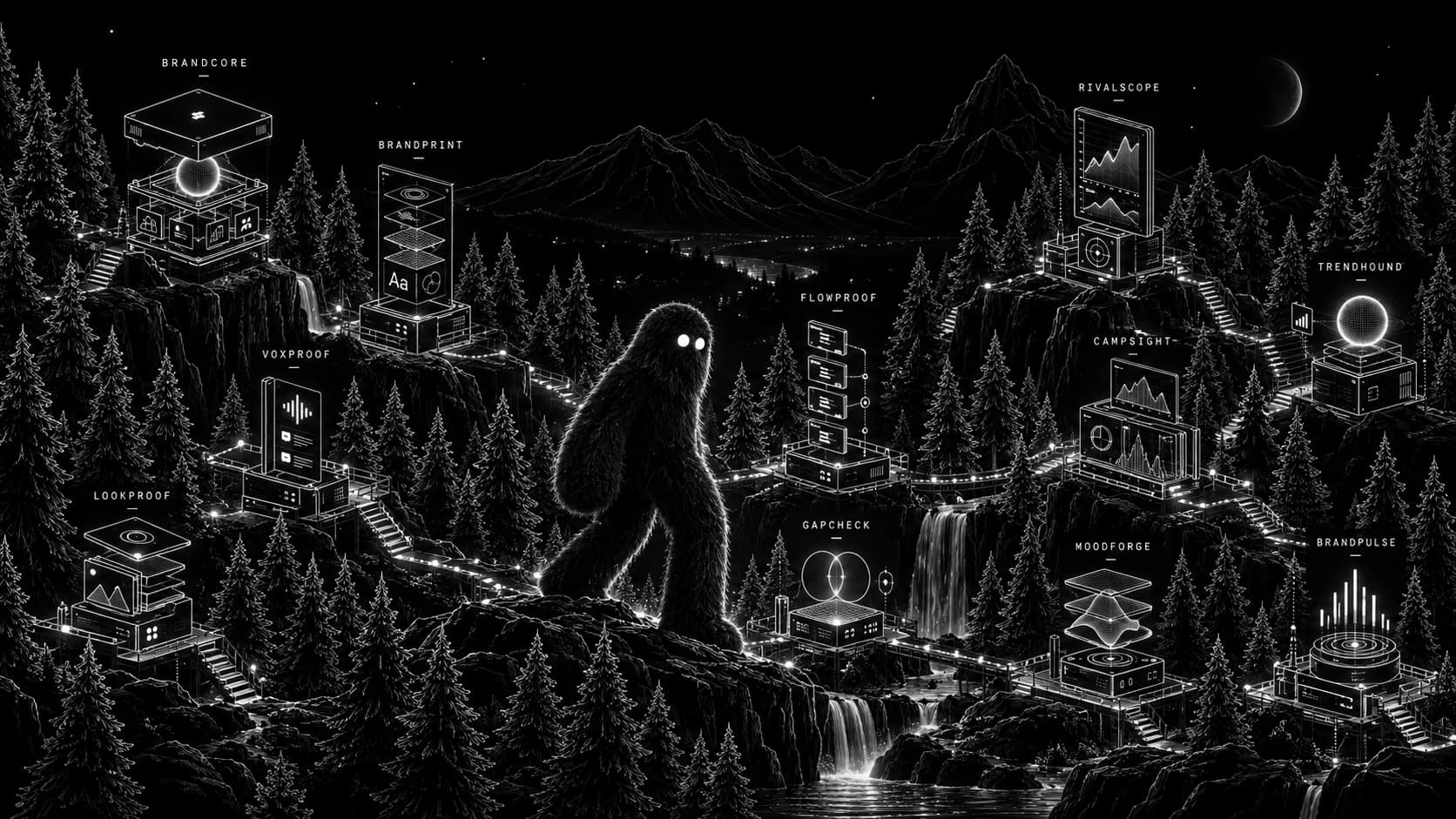 El territorio del Quatch: las once herramientas de BrandQuatch conectadas en un mismo paisaje, con el guardián recorriéndolo de noche.